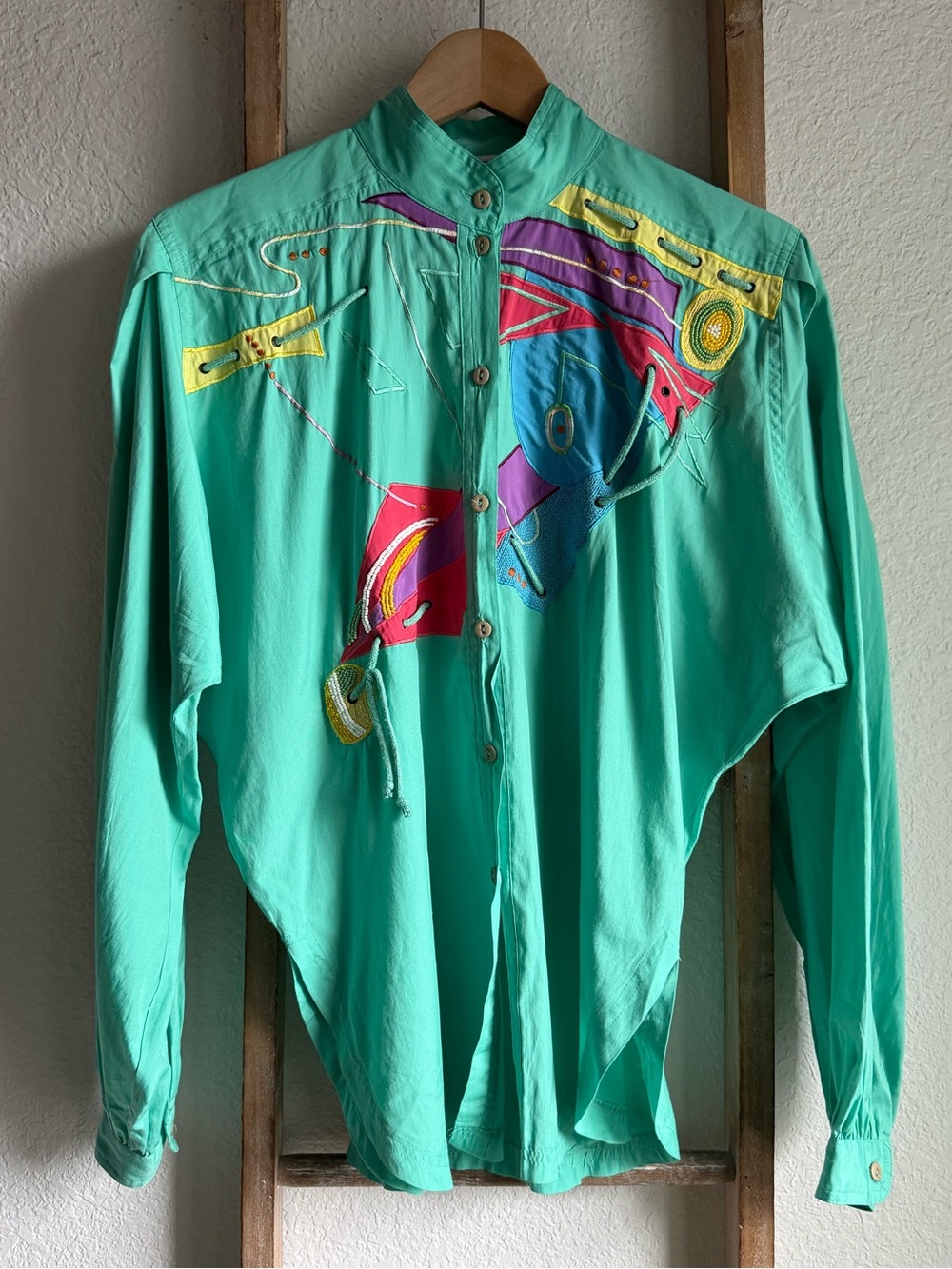 Marc D'Alcy Paris Mint Green Art-to-Wear Embellished Blouse Vintage ‘80’s Sz: 8